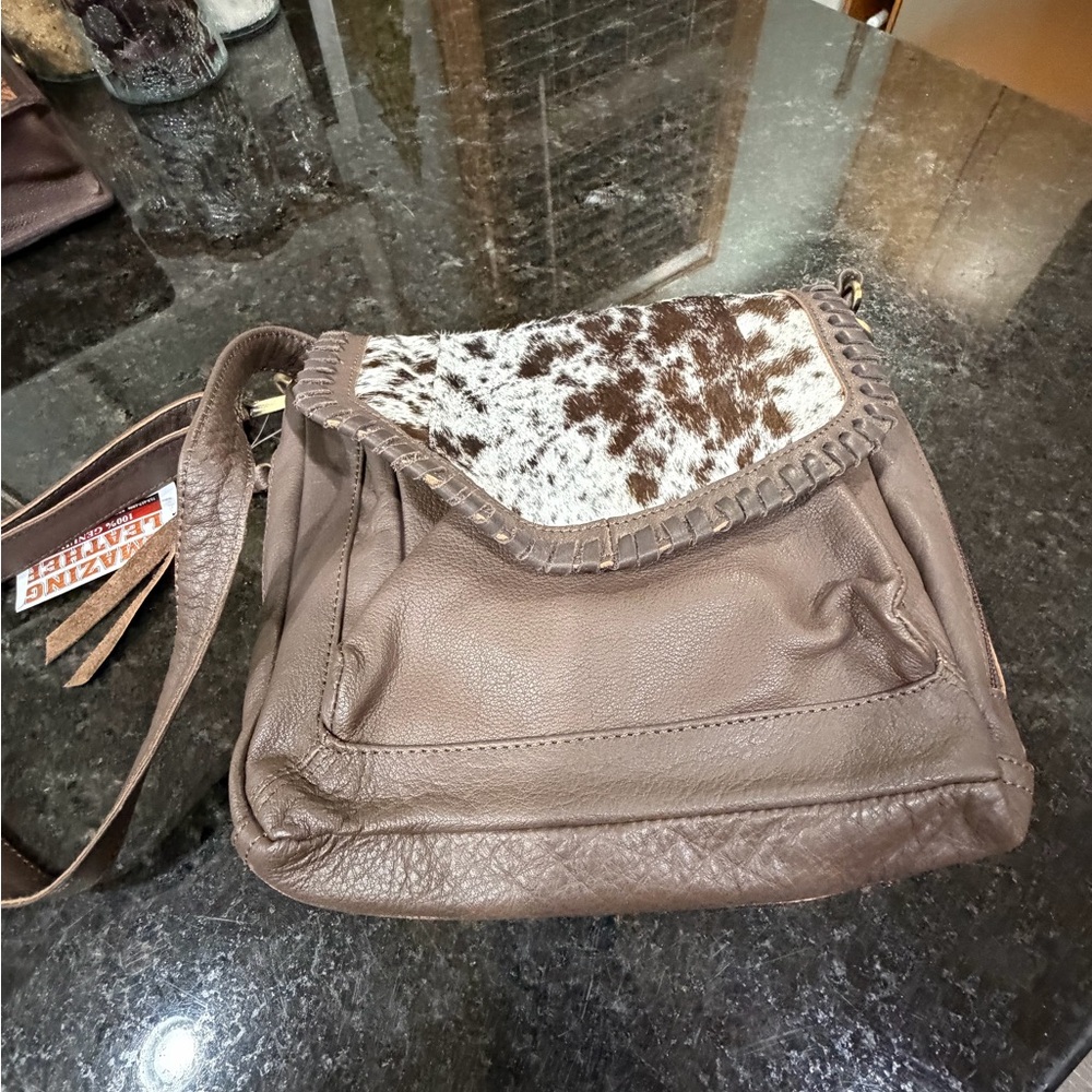 Brown and White Genuine Leather Crossbody Bag